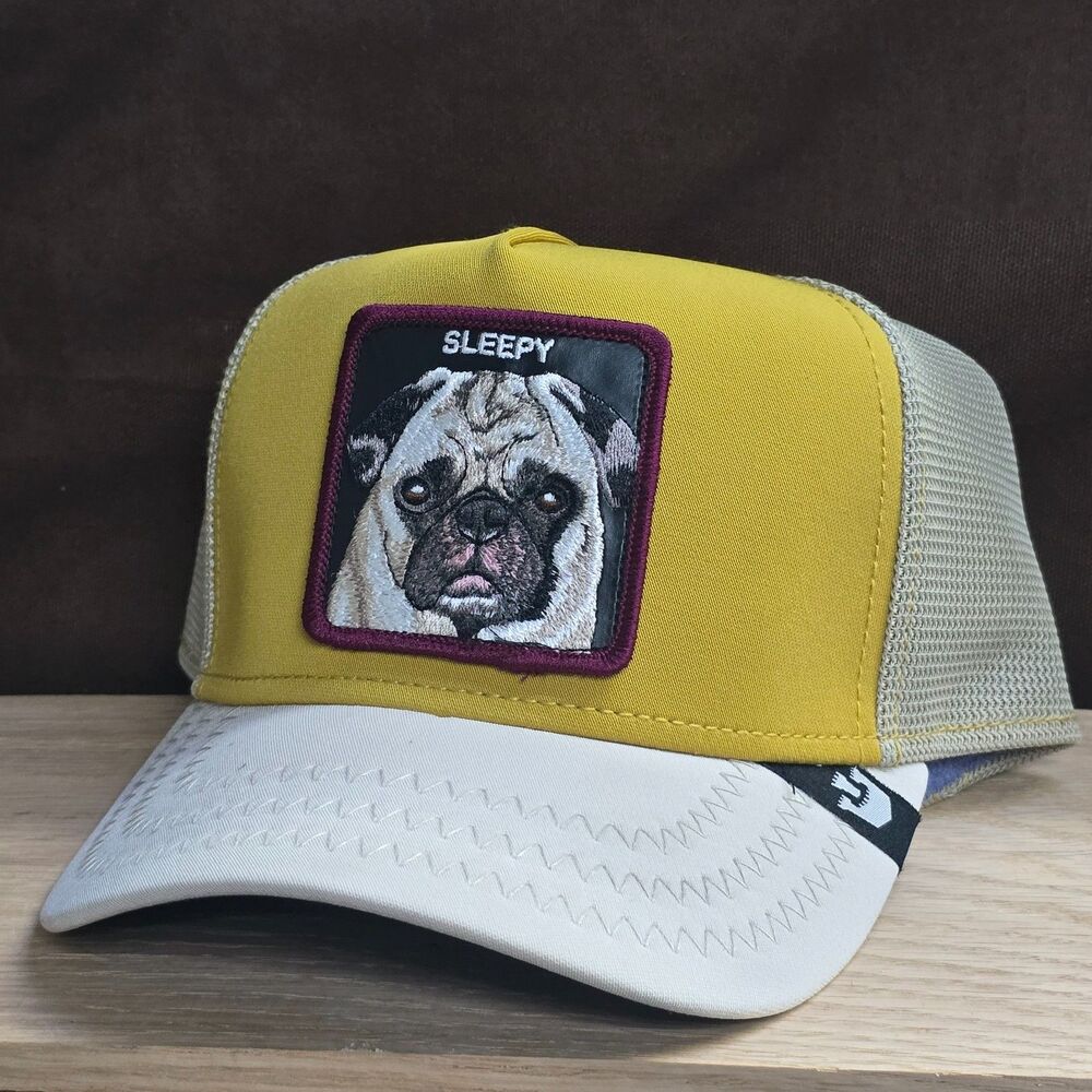 Goorin Bros Sleepy Pug Dog Trucker Hat Yellow Blue Mesh Snapback Open Vault